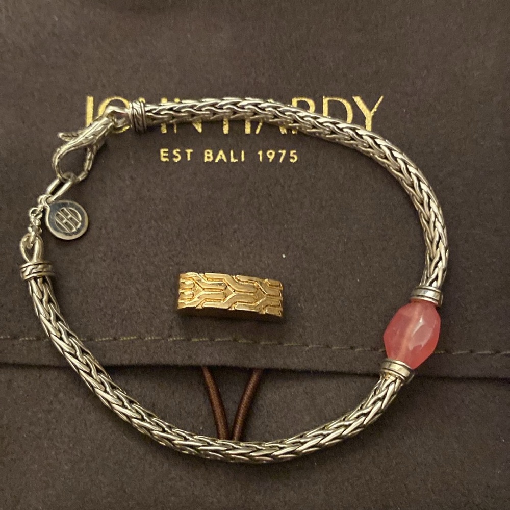 John Hardy St. Silver Classic Chain Rhodochrosite Diamonds Bracelet Sz M-L New